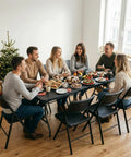 Foldable 6 Foot HDPE Table Go To Portable Banquet Surface set for dining with six people, black steel frame, indoor use