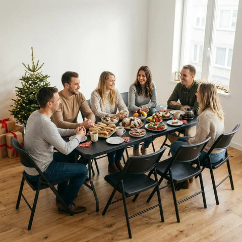 Foldable 6 Foot HDPE Table Go To Portable Banquet Surface set for dining with six people, black steel frame, indoor use