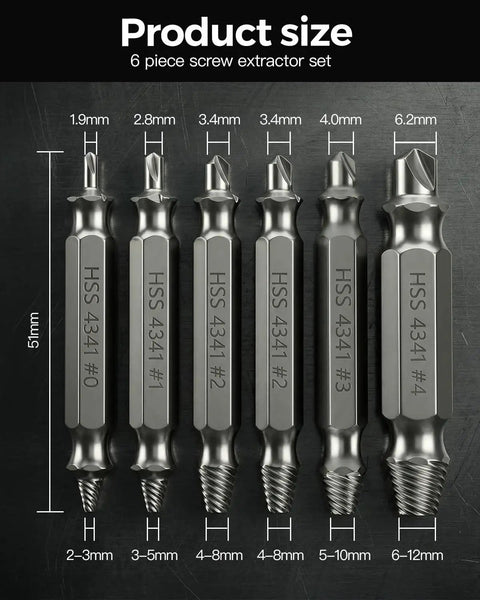 Image showing a Damaged Screw Extractor Set For Stripped Screws And Bolts, Easy Remove Drill Bit Kit With sizes 1.9mm to 6.2mm.