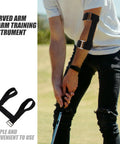 Golfer wearing must have golf swing trainer arm band for correct swing technique during practice outdoors.
