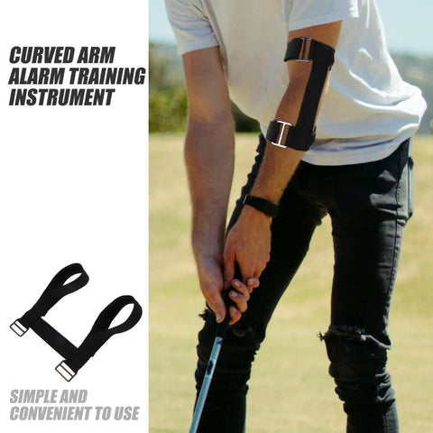 Golfer wearing must have golf swing trainer arm band for correct swing technique during practice outdoors.