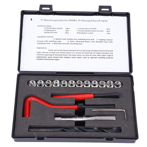 Get Your Fabater Thread Repair Kit For M10x1.25 Stainless Steel Rethreading Tool To Fix Damaged Threads Fast And Save Money On Aluminum Parts. Open 17-piece repair kit with inserts and drill tap tools
