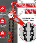 Amazon Big RED manual lever chain hoist, front view, red steel body with G80 chain, 3 ton capacity, 360° hooks.