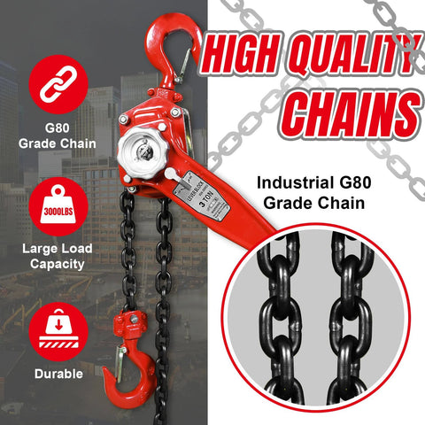 Amazon Big RED manual lever chain hoist, front view, red steel body with G80 chain, 3 ton capacity, 360° hooks.