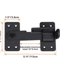 Heavy Duty 90 Degree Gate Latch with Padlock Hole for Barn Doors Fences Cabinets and Windows, black steel, dimensions labeled