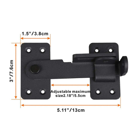 Heavy Duty 90 Degree Gate Latch with Padlock Hole for Barn Doors Fences Cabinets and Windows, black steel, dimensions labeled