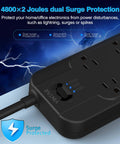 Dual 4800 Joule Surge Protector Power Strip With 12 Outlets, 6ft Flat Plug Cord, 1875W Output, Beefed Up Surge Protection, Black
