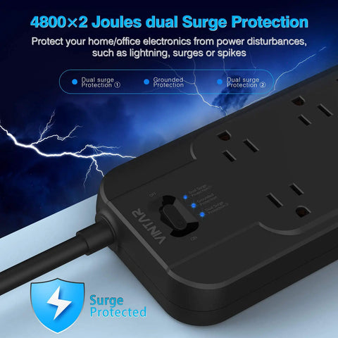 Dual 4800 Joule Surge Protector Power Strip With 12 Outlets, 6ft Flat Plug Cord, 1875W Output, Beefed Up Surge Protection, Black
