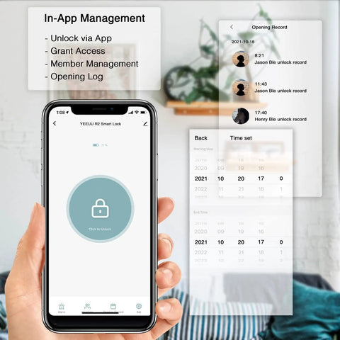 Smartphone showing app interface for Slick Smart Door Lock With Fingerprint And NFC App Control And Bluetooth Keyless Entry
