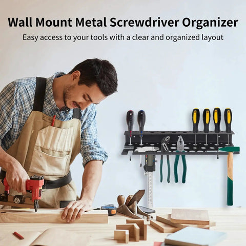Man working in a workshop with a Wall Mount Tool Organizer for Screwdrivers and Pliers Easy Install Space Saving Wall Rack behind him.