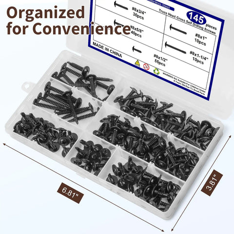 145 Piece Self Tapping Screws Set For Metal Projects In 410 Stainless Steel With Black Zinc Plating organized in box