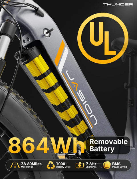Close-up of 864Wh removable battery on 1800W Peak Fat Tire Electric Bike For Adults with 26x4 inch tires and hydraulic brakes.
