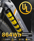 Close-up of 864Wh removable battery on High Torque Electric Fat Bike For Adults with 1800W peak power and 26x4 fat tires.