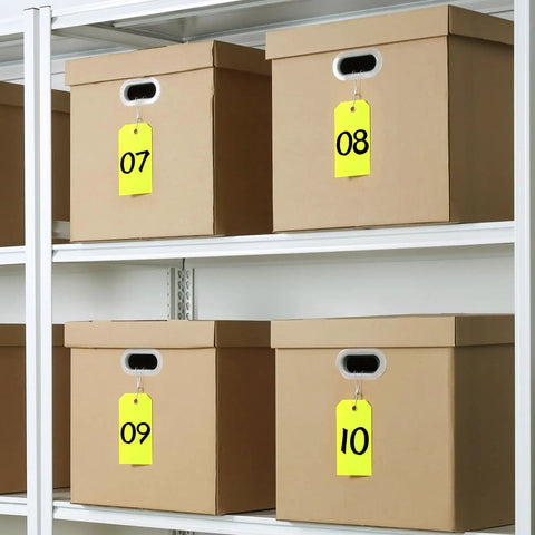 100 Pack Rugged Writable Plastic Tags With Secure Wire Ties, Heavy Duty Waterproof Labels For Outdoor Tools Garage Moving Pipes, Bright Yellow Surface No Sweat Marker Writing System on storage boxes.