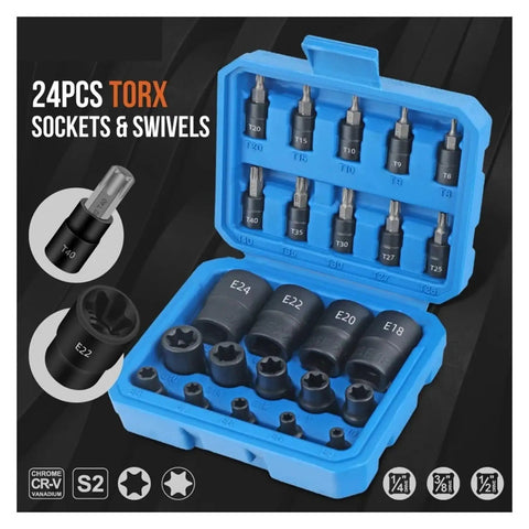 Complete Torx Impact Socket Set For Mechanics With Swivel Heads And Heavy Duty Build, Tough Rusted Bolt Removal Kit For Garage Repairs That Works A Treat, 24-piece CR-V vanadium case