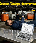 Solid 60 Piece Grease Fittings Kit With Zinc Plated Iron Zerk Assortment Featuring 45 And 180 Angle Angles Plus Mix Of Metric And Sae Threads Perfect For Slapin Up Your Ride Or Fixing Heavy Machinery. zinc plated zerk fittings kit in case, mechanic under car