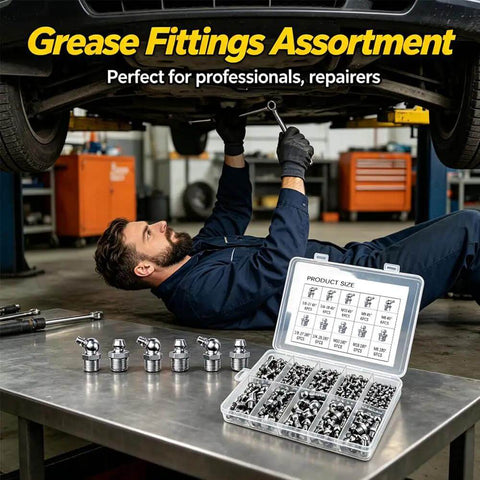 Solid 60 Piece Grease Fittings Kit With Zinc Plated Iron Zerk Assortment Featuring 45 And 180 Angle Angles Plus Mix Of Metric And Sae Threads Perfect For Slapin Up Your Ride Or Fixing Heavy Machinery. zinc plated zerk fittings kit in case, mechanic under car