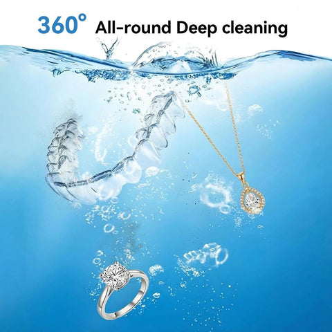 Image of 2-In-1 Ultrasonic Retainer And Jewelry Cleaner With 46KHz Deep Cleaning Power Portable Dental Cleaning Pod cleaning retainer, necklace, and ring underwater.