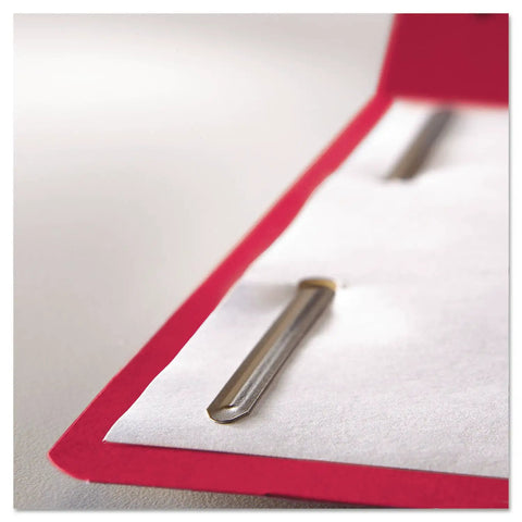 Close-up of Letter Size Red Fastener Folders With Heavy Duty Embedded Straps And Assorted One Third Cut Tabs For Hustle Free Filing and Crisp Office Archiving Pack Of Fifty.