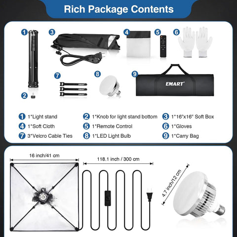 Pro 16x16 Softbox Lighting Kit With 85W LED Bulbs Remote Control 3000K-6000K Color Temp And 65 Inch Adjustable Tripod Stand package contents