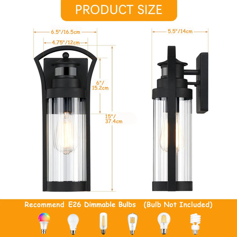 Large 15 Inch Black Dusk To Dawn Outdoor Wall Light With Photocell Sensor And PIR Motion Sensor, Exterior Sconce Lantern Lighting For Garage Porch And Patio, Ribbed Glass, Wall Mounted Fixture shown with dimensions