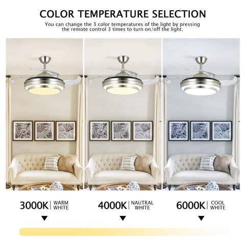36 Inch Retractable Ceiling Fan With Lights And Remote Smart Dimmable Led Fandelier showing warm, neutral, and cool light settings