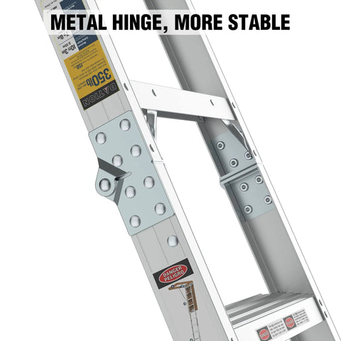 10 Foot Aluminum Attic Ladder With Pull Down System For 54 Inch Wide By 22.5 Inch Opening Non Slip Foot Mats Fits 7 Foot 8 Inch To 10 Foot 3 Inch Ceilings Beefy Heavy Duty 350 Pound Capacity metal hinge detail