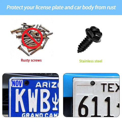 Image showing comparison between rusty screws and stainless steel screw, license plates secured, protecting license plate from rust