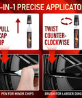 2-in-1 precise applicator for Premium Gloss Black Rim Touch Up Paint For Nixing Curb Rash And Heavy Scratches On Alloy Wheels.