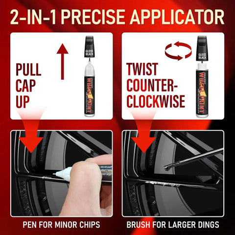 2-in-1 precise applicator for Premium Gloss Black Rim Touch Up Paint For Nixing Curb Rash And Heavy Scratches On Alloy Wheels.