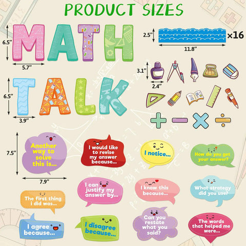 Math Talk Bulletin Board Set For Classrooms And Home Offices Kid Friendly Interactive Math Discourse Cards and pieces layout