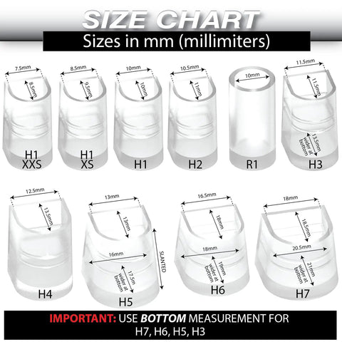 Size chart for Clear Heel Cap Protectors For High Heels Kit, 10 Sizes, shows dimensions in millimeters, ranging from H1 XXS to H7.