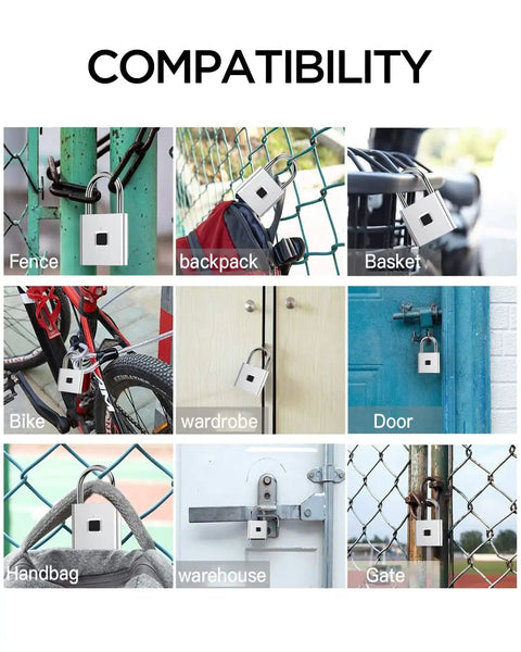 Fingerprint Padlock Keyless Biometric Lock For Luggage Suitcase Backpack Bike School And Gym Lockers No App No Bluetooth Easy Finger Access Secure Anti Theft Travel Lock securing various items including fence, backpack, and gate.