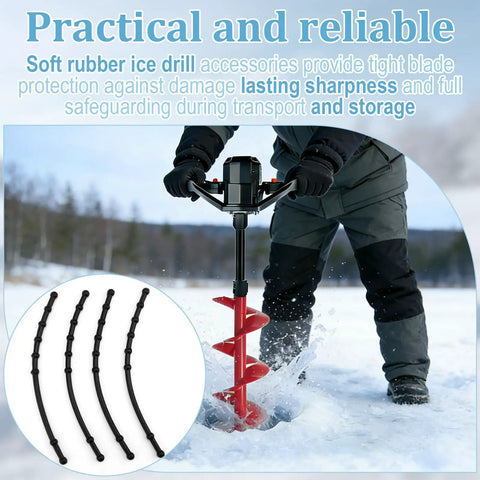 4 Pcs Rubber Guard Straps For Ice Drill Blades, Blade Protectors used on ice auger in snowy landscape, close-up view