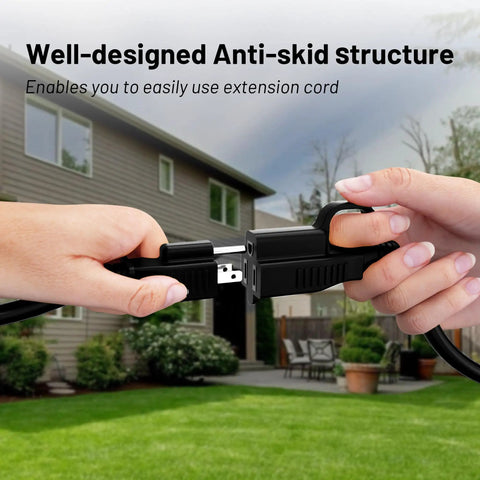 Person holding Heavy Duty 16AWG 3 Conductor Indoor Outdoor Extension Cord 10 Ft Waterproof With 3 Prong Grounded Plug