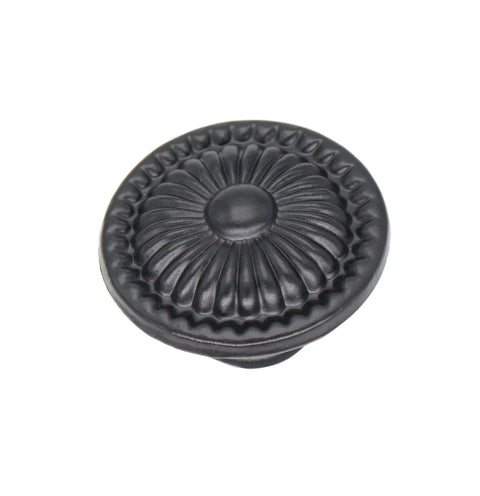 Six Piece Set Black Vintage Flower Cabinet Drawer Knobs With Floral Embossing 1.38 Inch Wide For Dresser Cupboard Wardrobe Furniture Includes Two Screw Sizes 25mm And 38mm For A Quick Install, showing one knob with floral design
