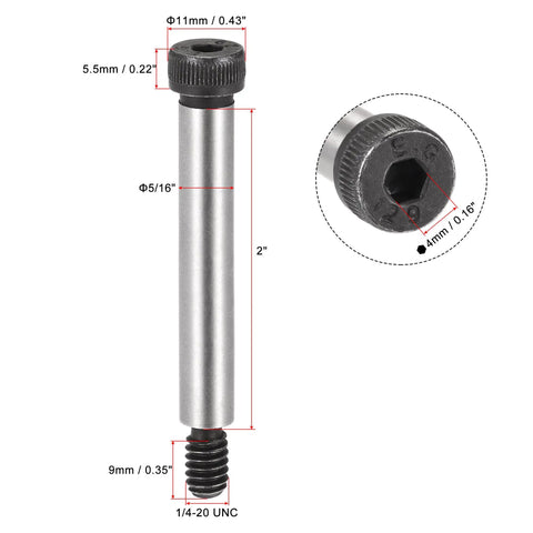 Badass Alloy Steel Hexagon Socket Head Shoulder Bolts With 1/4 20 Threads And 2 Inch 5/16 Shank shown with measurements.