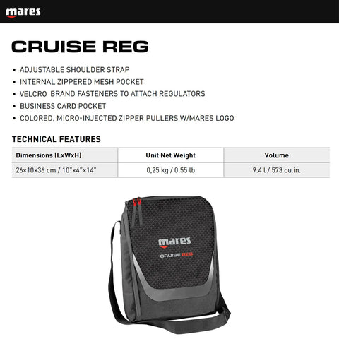 Cruise Reg Dive Equipment Bag With A Spacious 9.4L Main Compartment, shown with technical features and logo on display