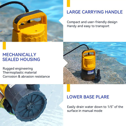1 HP Submersible Sump Pump With 4345 GPH High Flow For Quick Water Removal in pool with handle and thermoplastic housing
