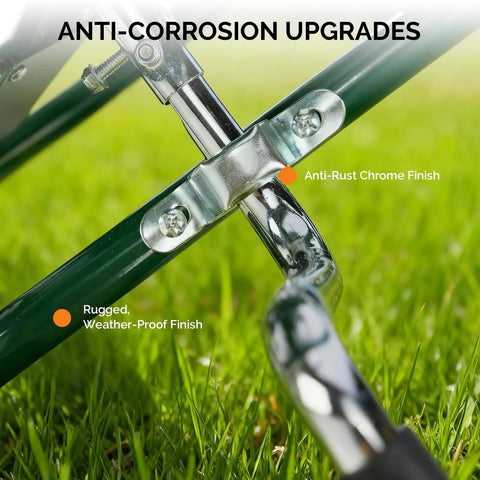 Close-up of anti-rust chrome finish and weather-proof material on 4 Wheel Garden Hose Reel Cart With Storage Basket Portable Hose Cart