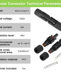 Solar MC4 Connector Kit With 30 Pairs And 60 Pieces Waterproof IP67 1000V 30A, detailed parts and specifications displayed
