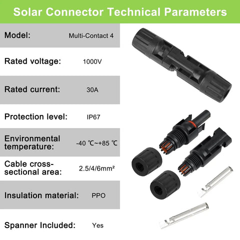 Solar MC4 Connector Kit With 30 Pairs And 60 Pieces Waterproof IP67 1000V 30A, detailed parts and specifications displayed