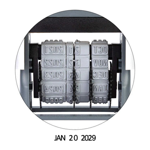 Heavy Duty Self Inking Date Stamp For Office Documents Legal Papers And Corporate Mail Featuring Bold Saturation Marks And A Flexible Ten Year Setting showing date dial set to JAN 20 2029.