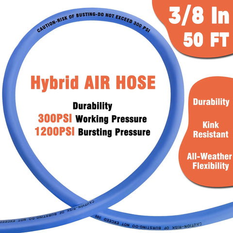 Three Eighths Inch By Fifty Foot Air Hose Kit For Compressors, A Real Workhorse With 300 PSI, Kink Resistant, All Weather Flex, Blue hose