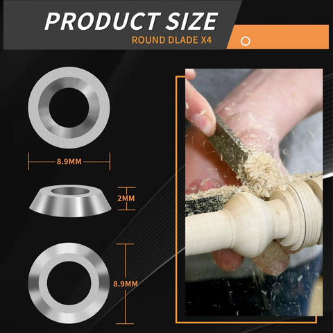 Front view: 4-piece carbide lathe inserts set with round 8.9mm and 12mm, square 11mm radius, diamond 30x10mm; turning tool image