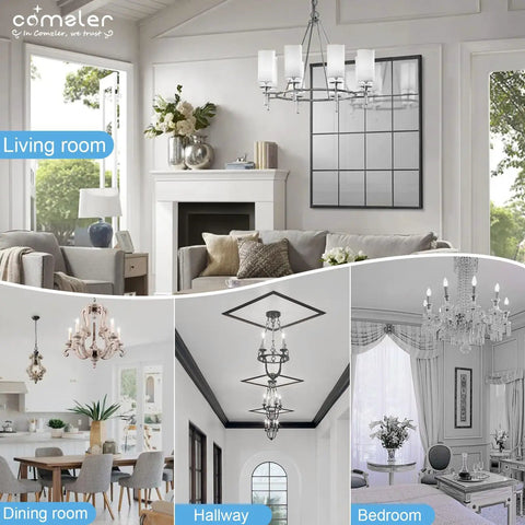 Efficient E12 LED Candelabra Bulbs 5W Equivalent 60W Daylight 5000K in various room settings: living room, dining room, hallway, bedroom.