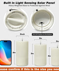 Solar Candles Outdoor Waterproof Flameless Pillar LED Lights Set Of 3 Dusk Till Dawn Auto On Off No Switch Needed size chart.