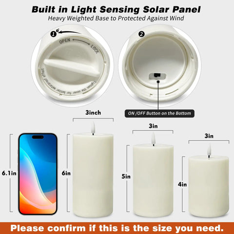 Solar Candles Outdoor Waterproof Flameless Pillar LED Lights Set Of 3 Dusk Till Dawn Auto On Off No Switch Needed size chart.