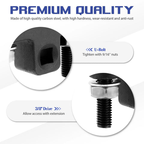 Inner Tie Rod Removal Tool 3/8 Inch For Easy Auto Steering Maintenance And Install Grips Tight With Sharp Teeth Makes Removal Quick Durable Steel Construction Perfect For DIY Car Repairs And Pro Mechanics black steel tool with 3/8 drive and U-bolt