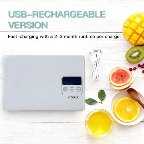 Digital Kitchen Scale With USB Rechargeable Power, white scale on countertop with fruits, cable visible, sleek design.